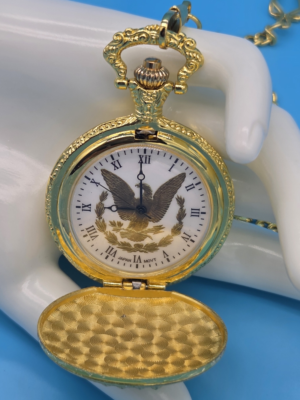 Gold Eagle Pocket Watch Pendant Necklace